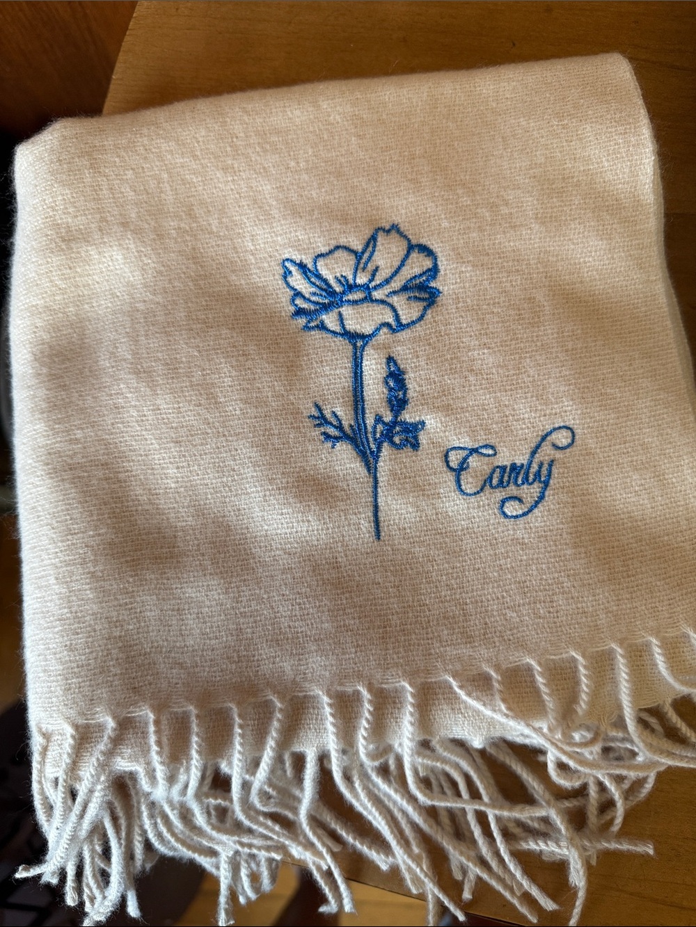 Embroidered Cream Scarf with Blue Floral Accent